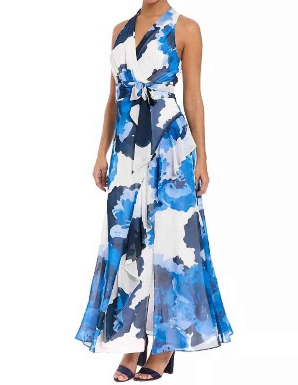 NEW LONDON TIMES floral ruffled faux-wrap maxi dress in soft white blue